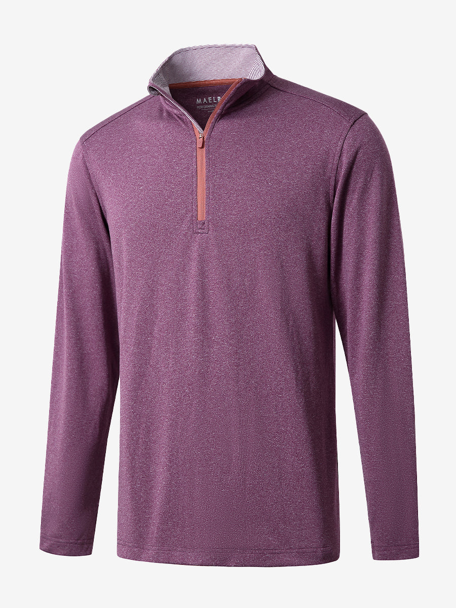 3D rendered display of the DARK PURPLE MELANGE Moisture Wicking Quarter Zip Pullover laid out in detail.