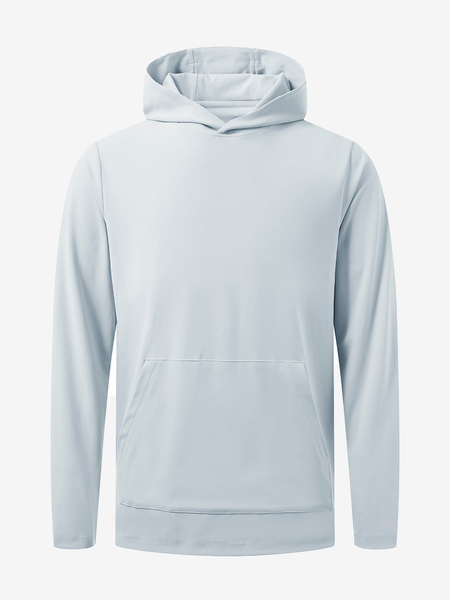 3D front view of the dry fit stretchy sweatshirts hoodie in misty grey, sleek and flexible design.