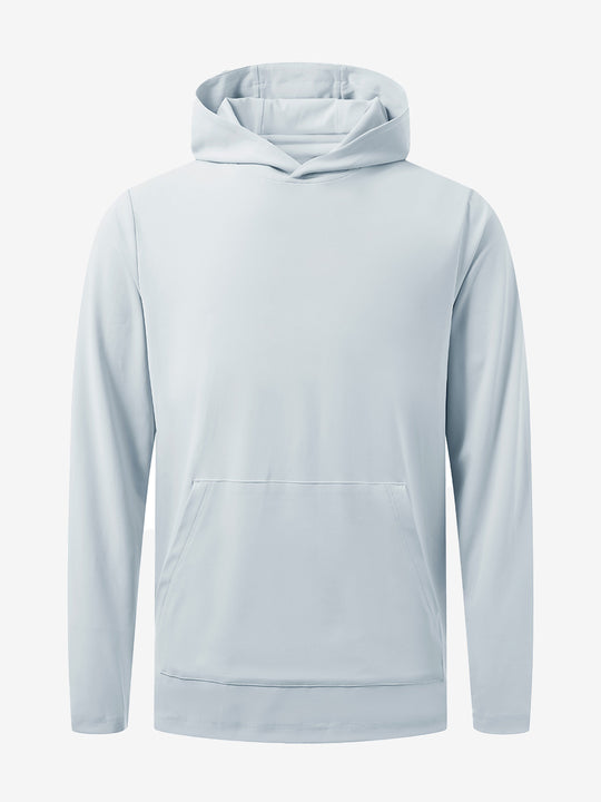 3D front view of the dry fit stretchy sweatshirts hoodie in misty grey, sleek and flexible design.