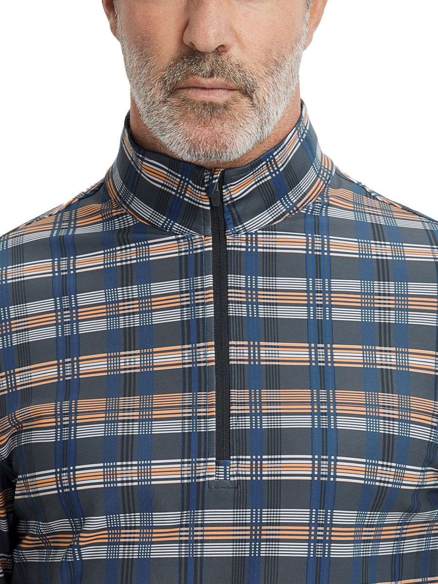 Close-up from nose to chest, showing zipper collar detail and fabric pattern of the blue/white/yellow plaid pullover.