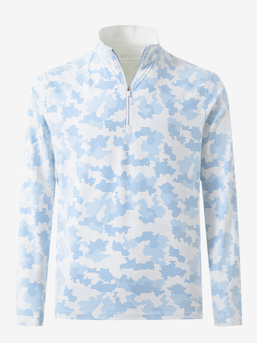 3D front view of the full print quarter zip pullover in sky blue camo, showcasing bold and modern style.