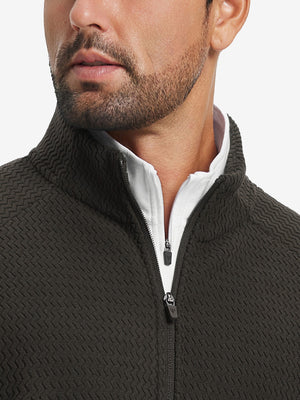 Close-up from nose to chest, highlighting collar detail of soft winter fleece jackets in coffee brown.