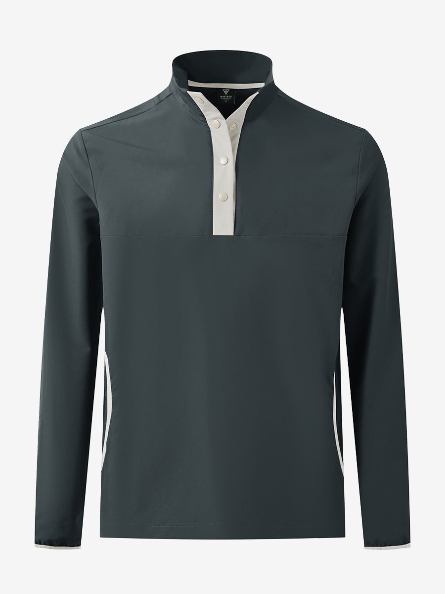 3D front view of the mock neck quarter button golf pullover in dark grey, sleek and modern design.