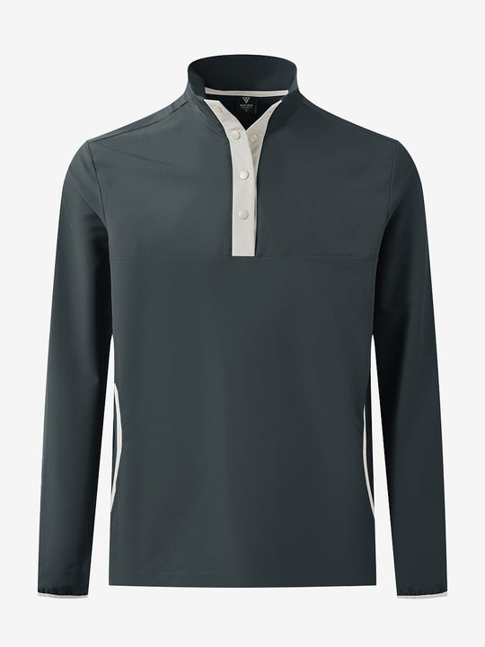 3D front view of the mock neck quarter button golf pullover in dark grey, sleek and modern design.