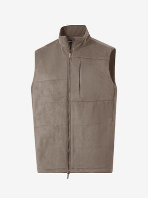 3D view of gray brown classic micro suede leather puffer vest