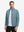 Front upper body shot of model wearing slate blue warm puffer winter golf jackets
