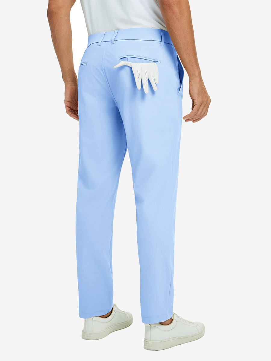 Back view of light blue quick dry casual dress pants, golf glove tucked in rear pocket for sporty touch.