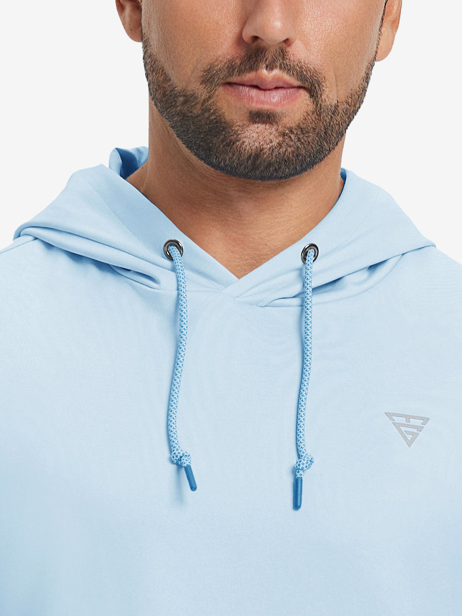 Close-up of collar area on casual solid fleece hoodies pullover in light blue, highlighting neckline detail.