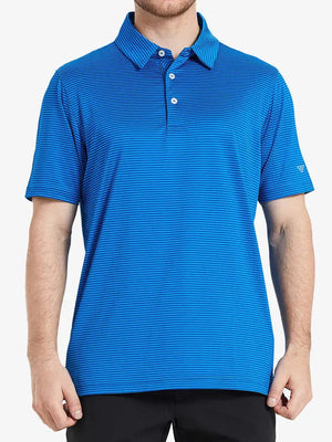 Half-body front shot: COBALT STRIPE polo on model, structured fit with cool-toned sharpness