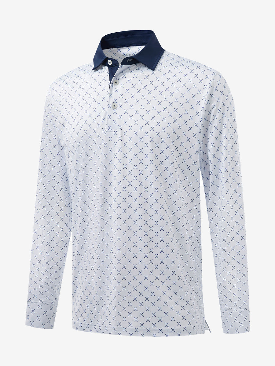 3D front view of the lightweight print long sleeve polo in white nav clue, modern and athletic design.