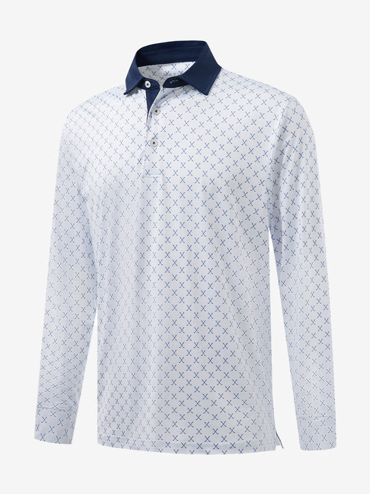 3D front view of the lightweight print long sleeve polo in white nav clue, modern and athletic design.