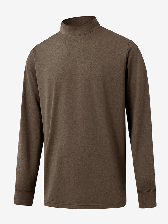 3D front display of Men’s Long Sleeve Mock Turtleneck Shirt in Brown, clean and modern fit.