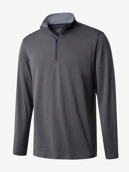 3D rendered display of the BLACK MELANGE Moisture Wicking Quarter Zip Pullover laid out in detail.