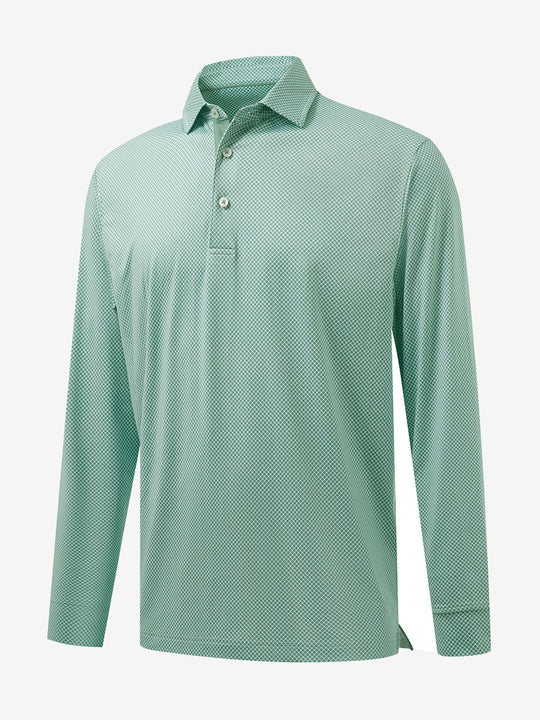 3D front view of the lightweight print long sleeve polo in green plant, modern and athletic design.
