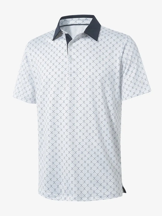 3D view of WHITE NAV CLUE Performance Quick Dry Print Golf Polo showing texture and fit.