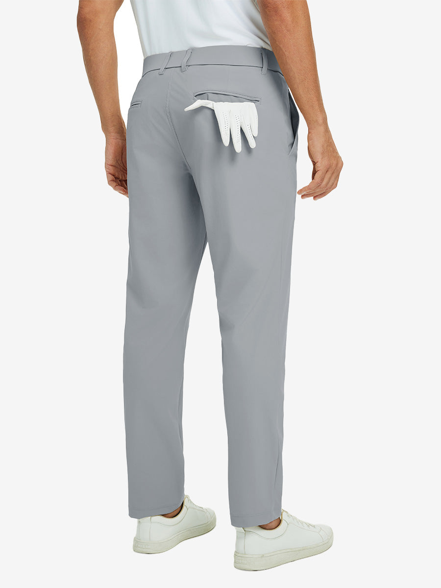 Back view of light grey quick dry casual dress pants, golf glove tucked in rear pocket for sporty touch.