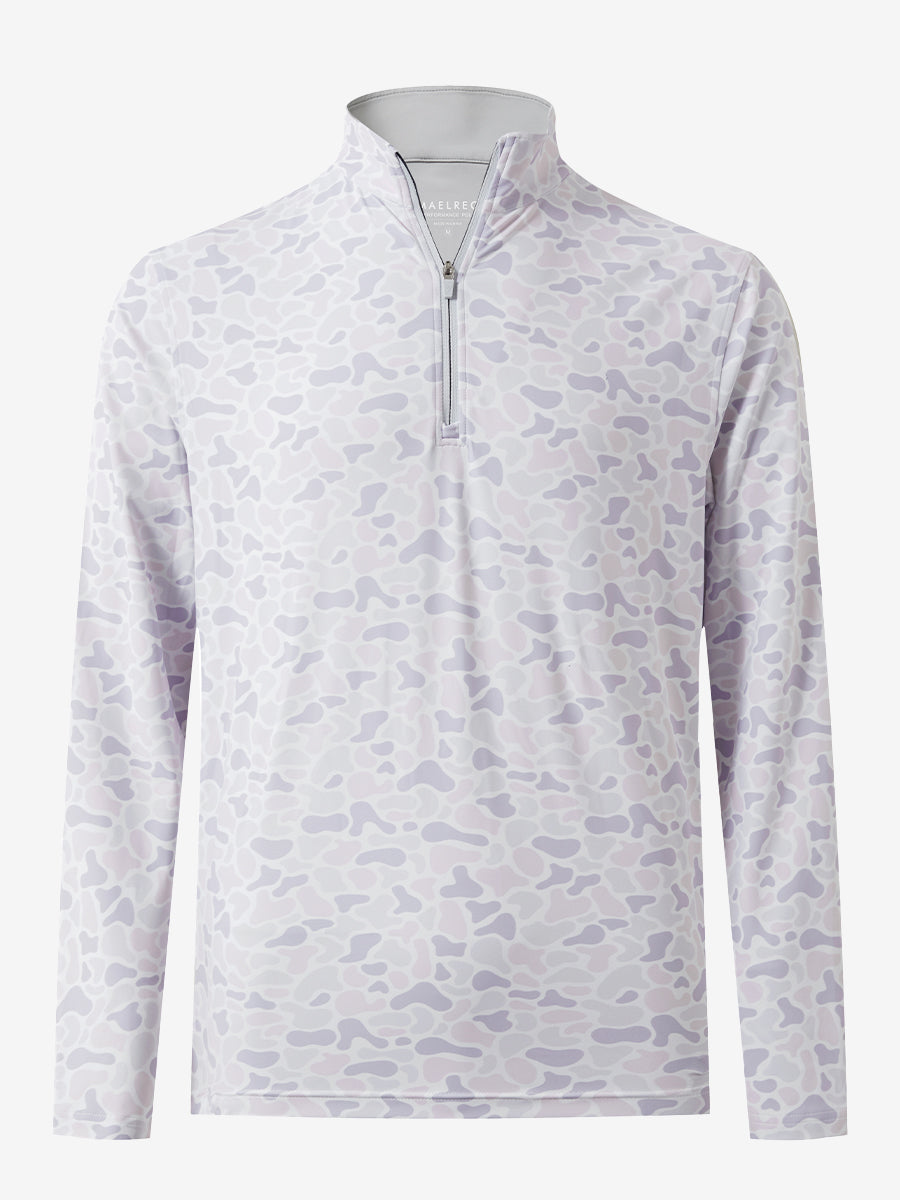 3D front view of the full print quarter zip pullover in brown grey camo, showcasing bold and modern style.