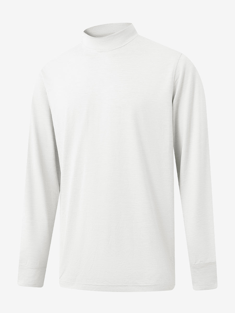 3D front display of Men’s Long Sleeve Mock Turtleneck Shirt in White, clean and modern fit.