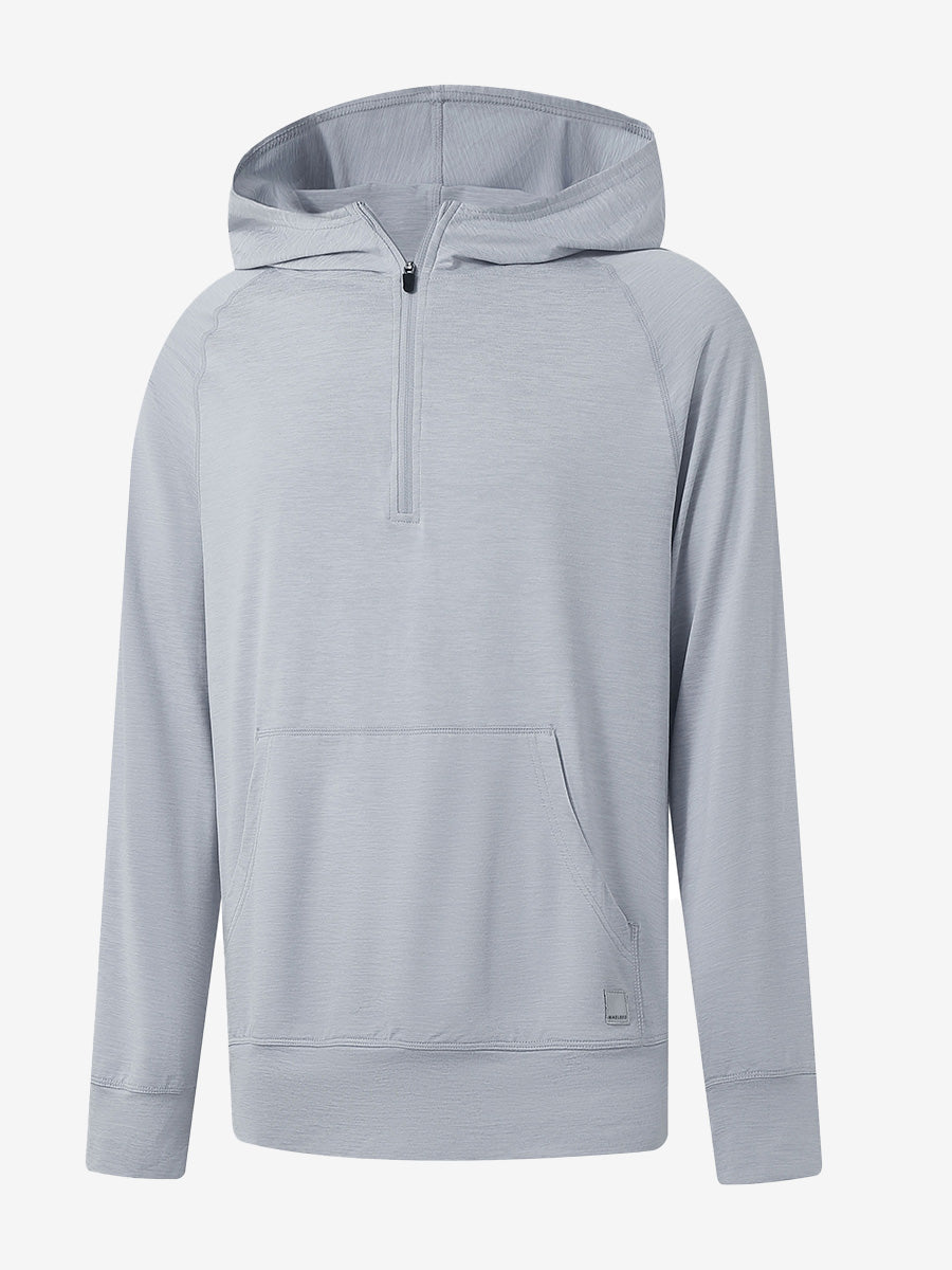 3D front view of the Quarter Zip Hoodie with Kangaroo Pocket in Faded Denim Heather, athletic casual style.