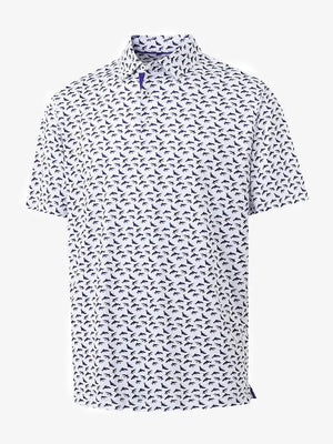 3D view of MAELREG Performance Jersey Print Polo in White Purple Shark – breathable golf fabric