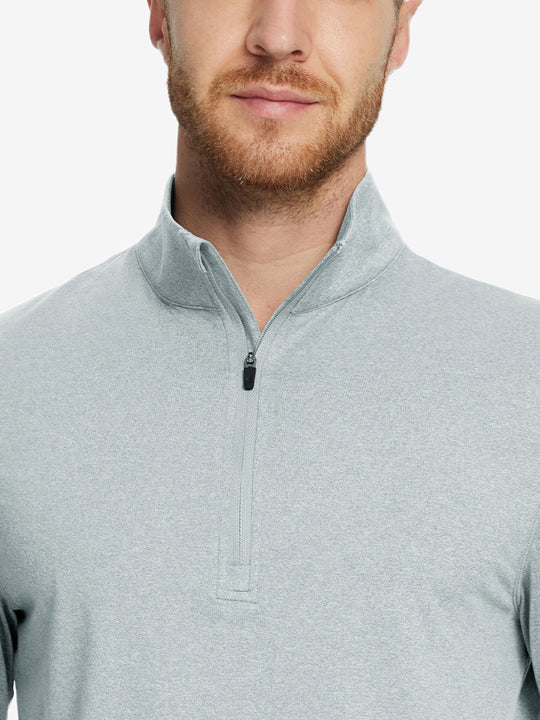 Model front half-body view pulling zipper slightly on quarter zip melange pullover lunar rock melange.