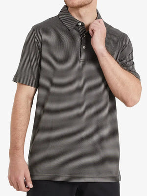 Half-body front shot of model in Cooling Stripe Golf Shirt, displaying fit and style – BLACK STRIPE