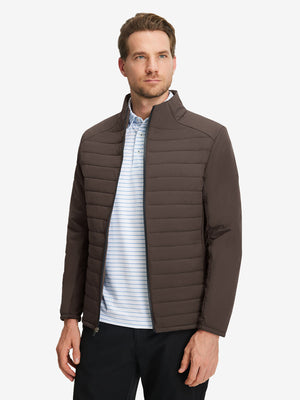 Front upper body shot of model wearing coffee brown warm puffer winter golf jackets
