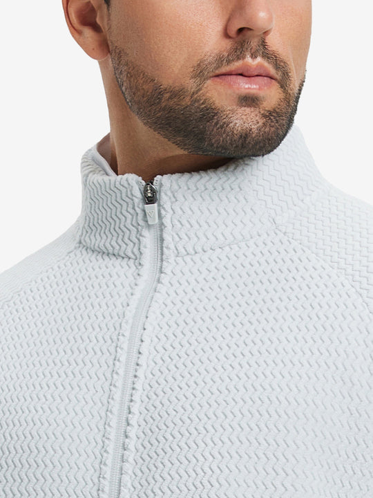 Close-up from nose to chest, highlighting collar detail of soft winter fleece jackets in light grey.