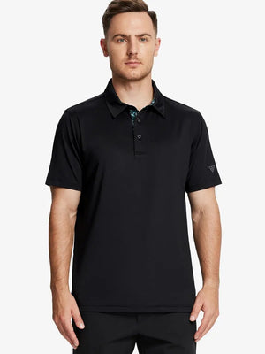Front half-body view of male model in the Black Everyday Classic Solid Polo, standing still