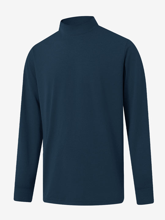 3D front display of Men’s Long Sleeve Mock Turtleneck Shirt in Navy, clean and modern fit.