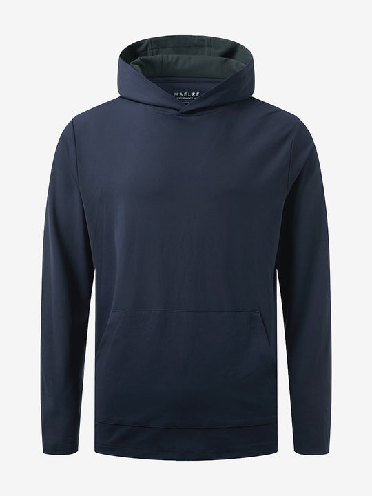 3D front view of the dry fit stretchy sweatshirts hoodie in navy, sleek and flexible design.