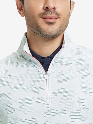 Upper front detail of Full print lightweight quarter zip pullover showing light grey camo accents