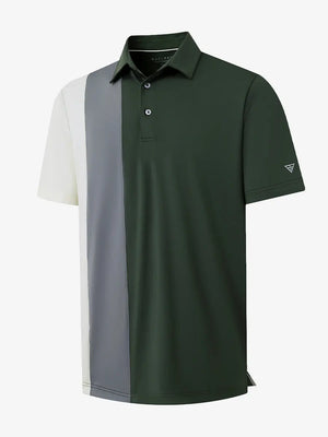 3D view of OLIVE GREEN Moisture Wicking Color Block Polo Shirt showing fabric and color block design.
