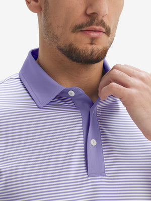 Close-up: nose to chest in lavenderwhite stripe upgraded two-tone striped quick dry polo shirt