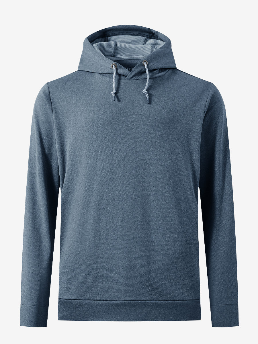 3D front view of the classic heather pullover hoodie in navy melange, simple and relaxed athletic fit.