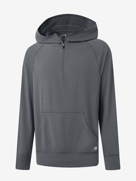 3D front view of the Quarter Zip Hoodie with Kangaroo Pocket in Black Grey Heather, athletic casual style.