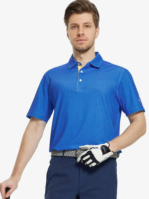 MAELREG Men's Performance Jersey Print Polo in blue swordfish – front half-body with golf pose