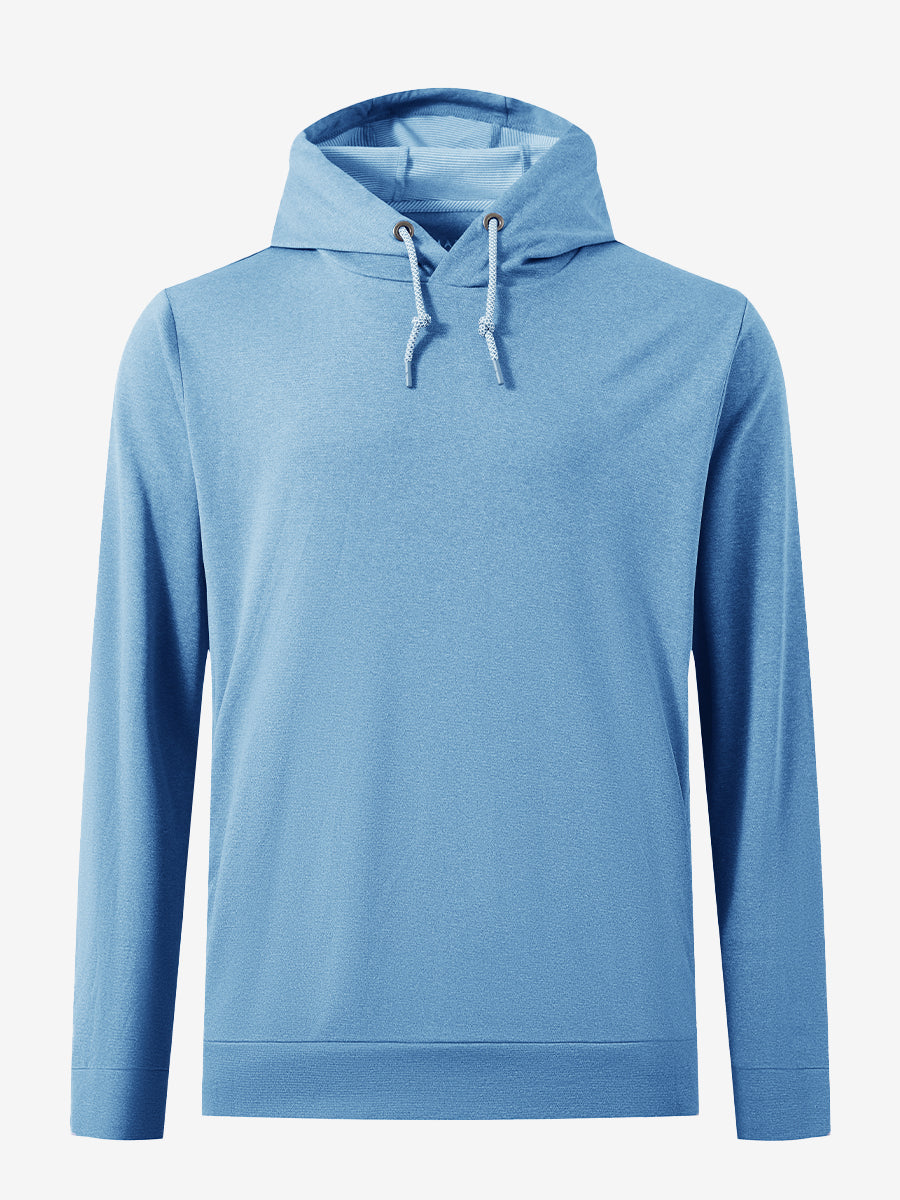 3D front view of the classic heather pullover hoodie in light blue melange, simple and relaxed athletic fit.