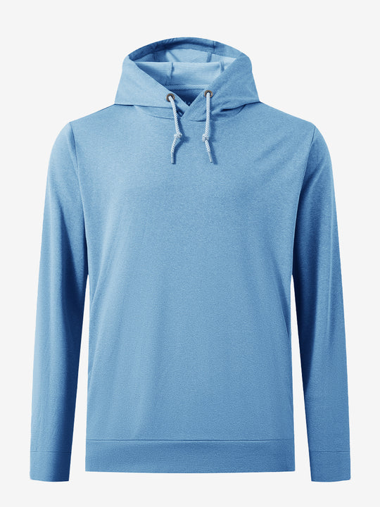 3D front view of the classic heather pullover hoodie in light blue melange, simple and relaxed athletic fit.