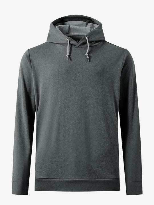 3D front view of the classic heather pullover hoodie in black melange, simple and relaxed athletic fit.
