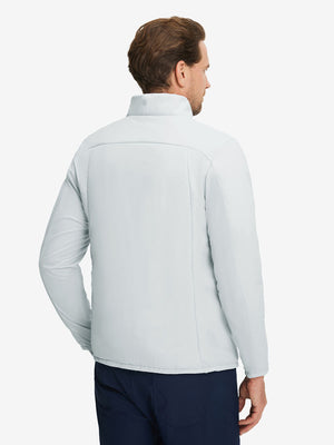 Back upper body shot of model wearing light grey heather warm puffer winter golf jacket