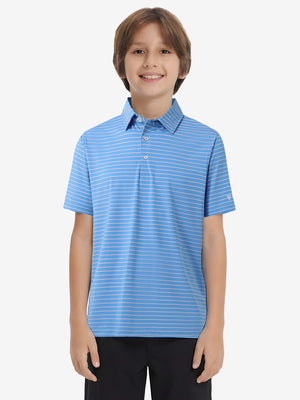 Front upper body of model wearing youth performance golf polos, clean fit and sporty sky blue/pink stripe look