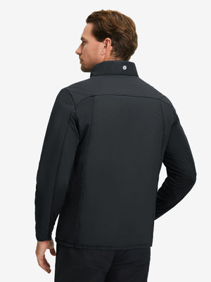 Back upper body shot of model wearing black warm puffer winter golf jacket