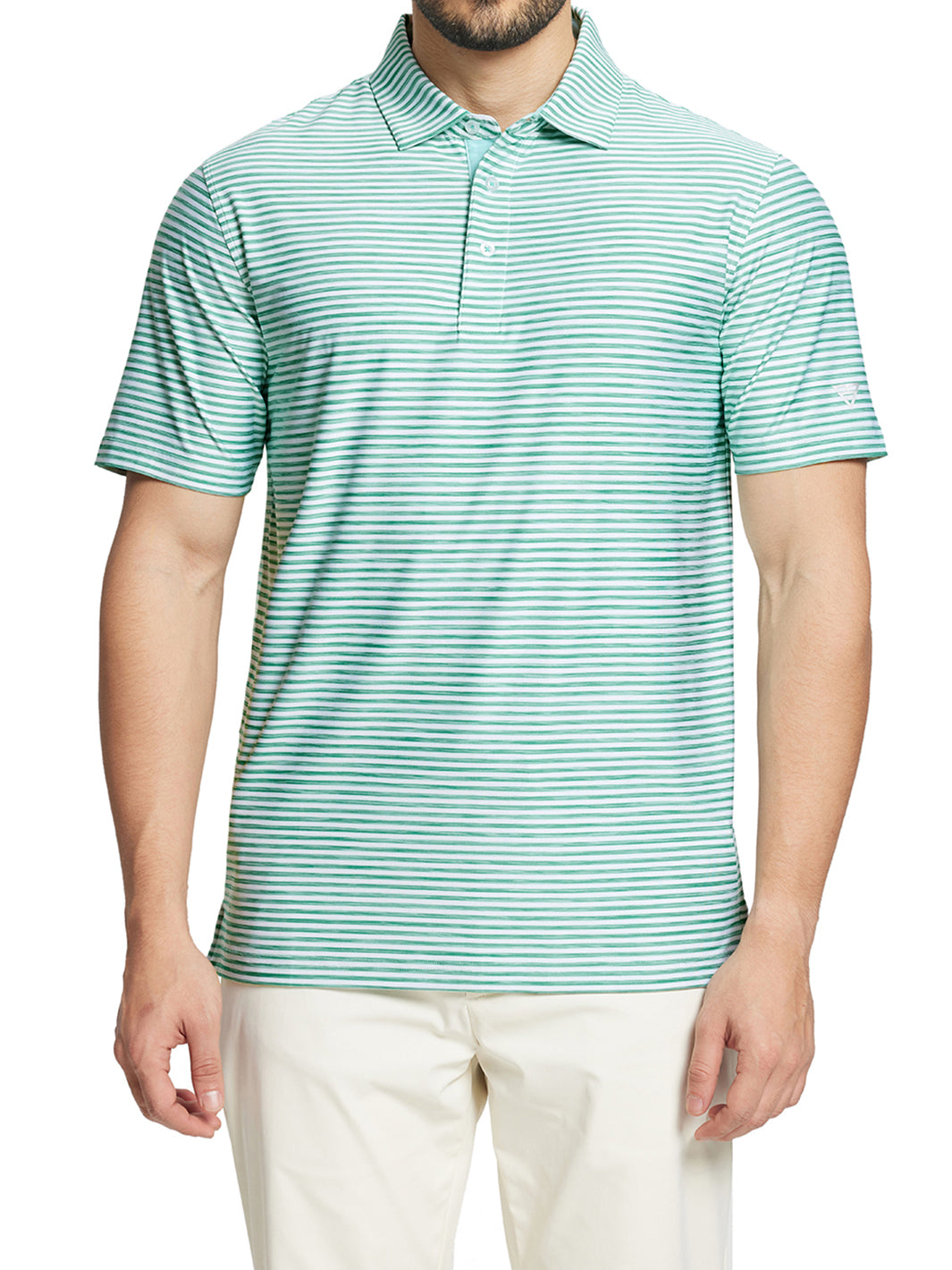 Men's Striped Golf Polo Shirts-Green White