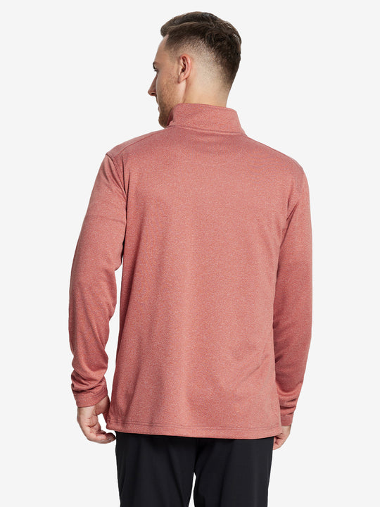 Half-body front shot, model holding golf club in BRICK MELANGE Moisture Wicking Quarter Zip Pullover.