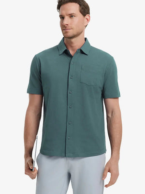 Model half-body front view wearing SEA MOSS Cotton Blend Plain Shirt.