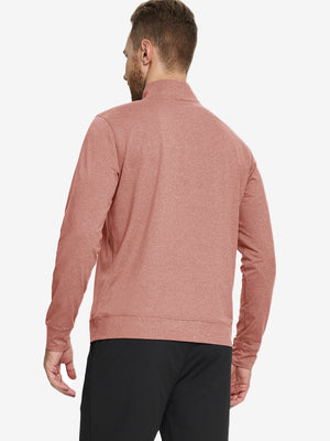 Back view of model wearing quarter zip melange pullover brick melange.