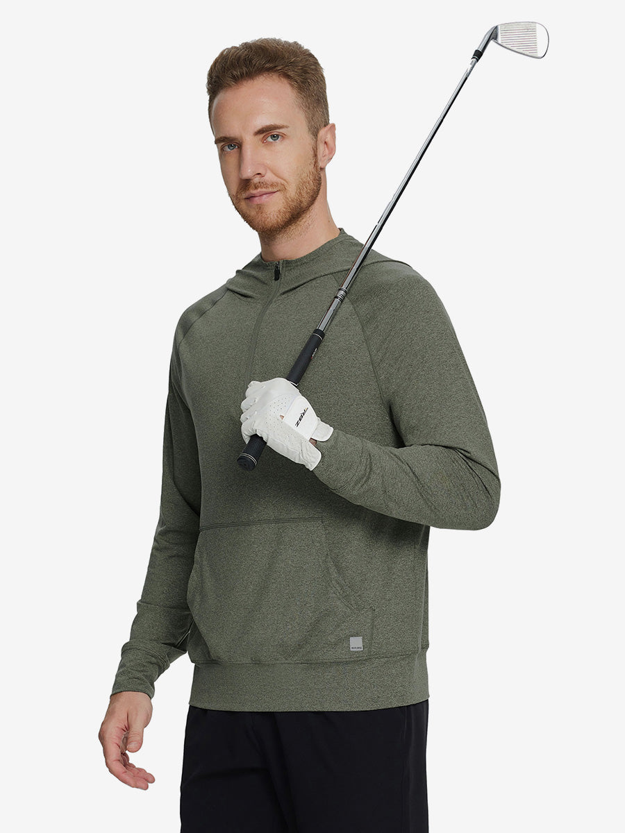 Male model holding a golf club, wearing the Quarter Zip Hoodie with Kangaroo Pocket in Olive Green Heather.