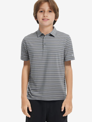 Front upper body of model wearing trendy boys stripe polo shirts, casual fit in neutral stripe