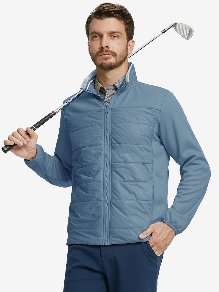 Model holding golf club, dressed in Golf Fleece Thermal Winter Jacket in Shadow Blue, sporty design.